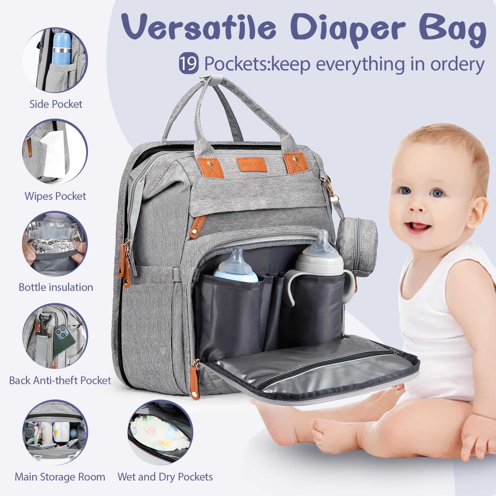 JOYCE diaper bag grey with 19 pockets keeps baby essentials organized.