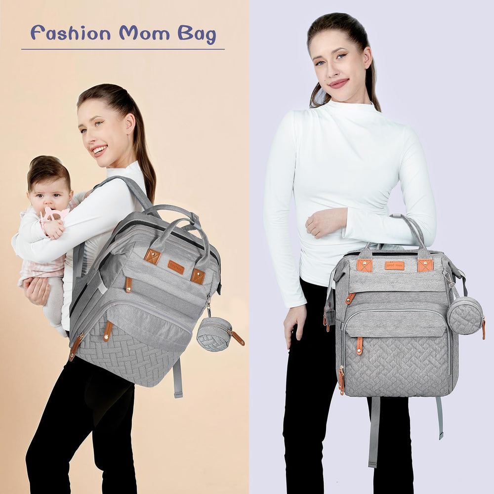 JOYCE diaper bag grey stroller attachment with Velcro straps for hands-free transport.