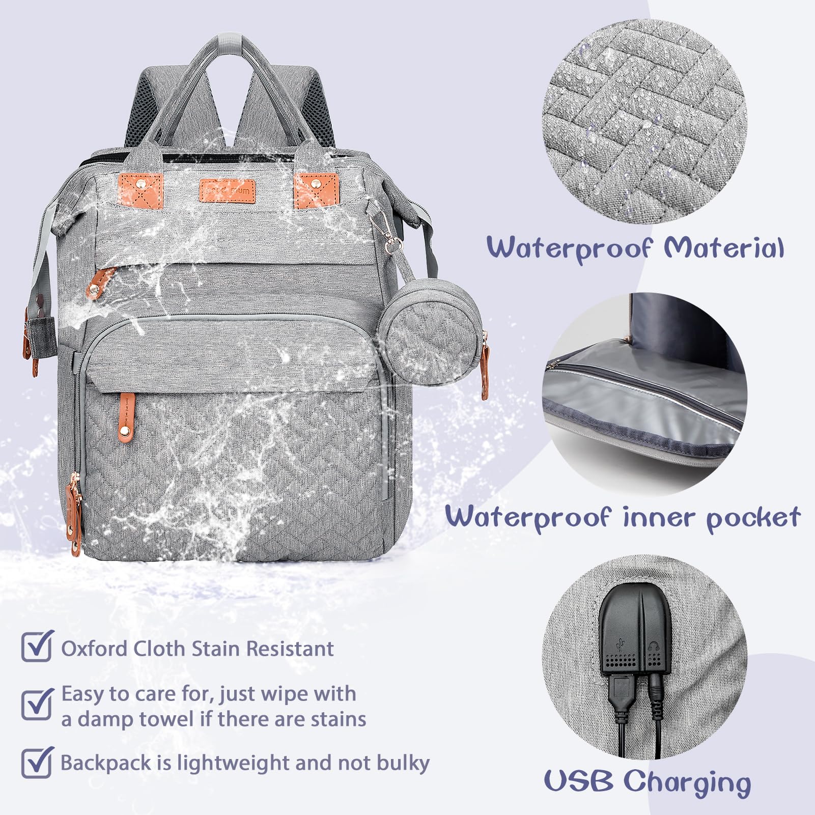 JOYCE diaper bag grey USB port for convenient charging while traveling.