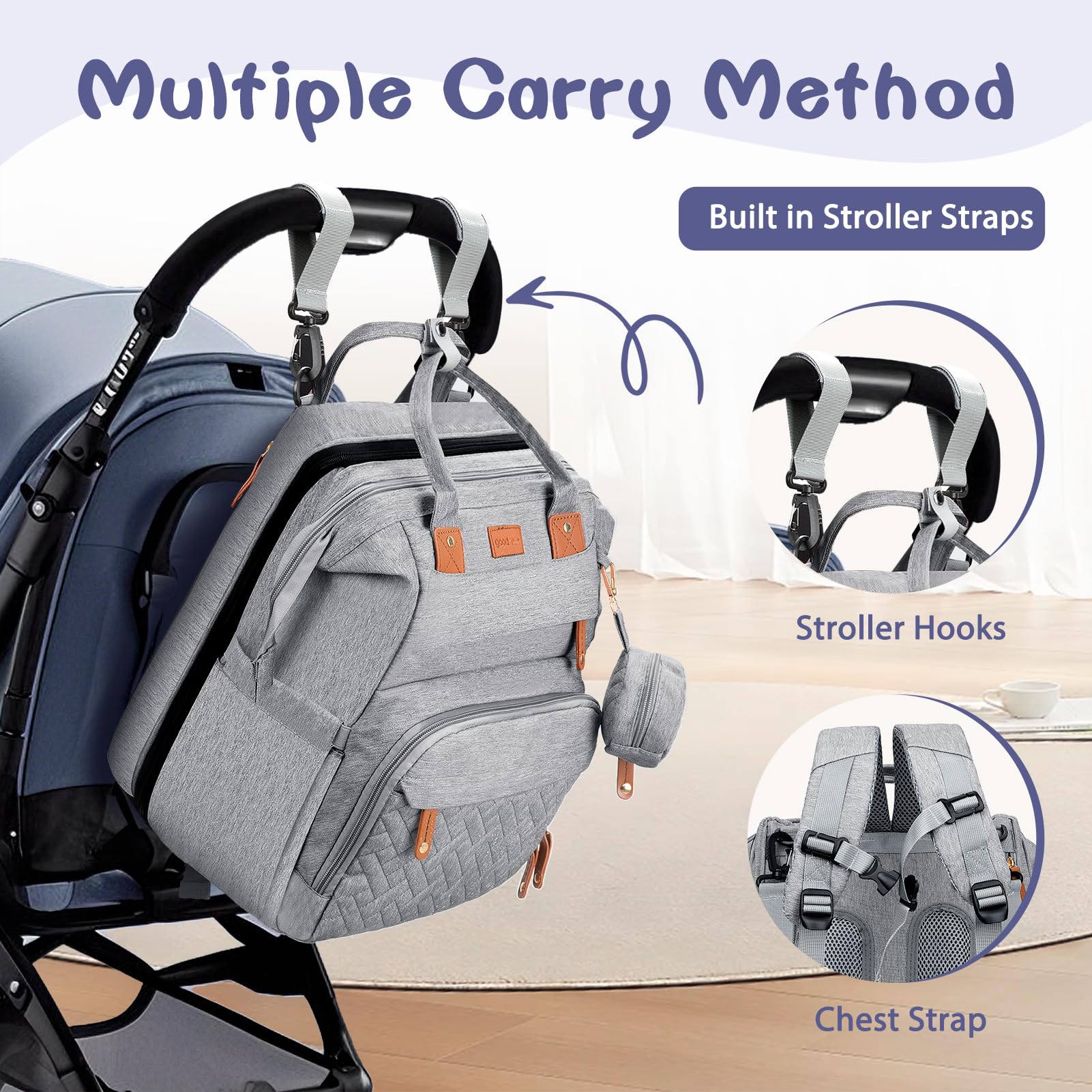 JOYCE diaper bag grey waterproof fabric easy to wipe clean.