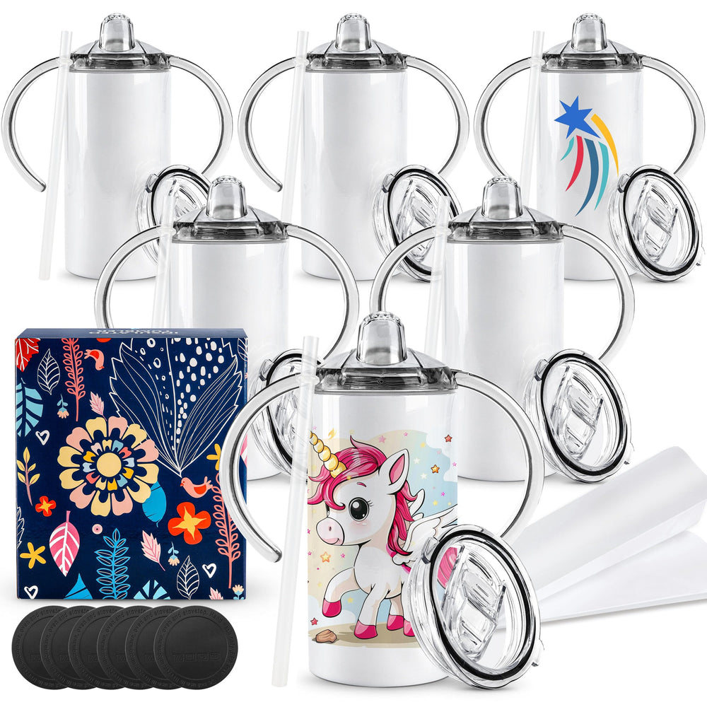 Joyclub 6-pack sublimation sippy cups with handle for easy gripping during meals.