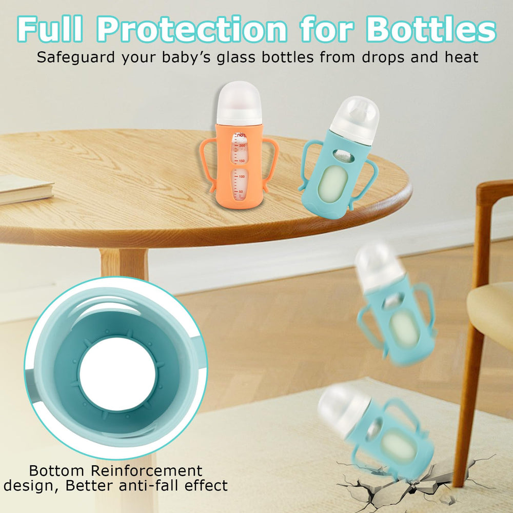Joyfeed bottle sleeves with ergonomic handles aid little hands for self-feeding.