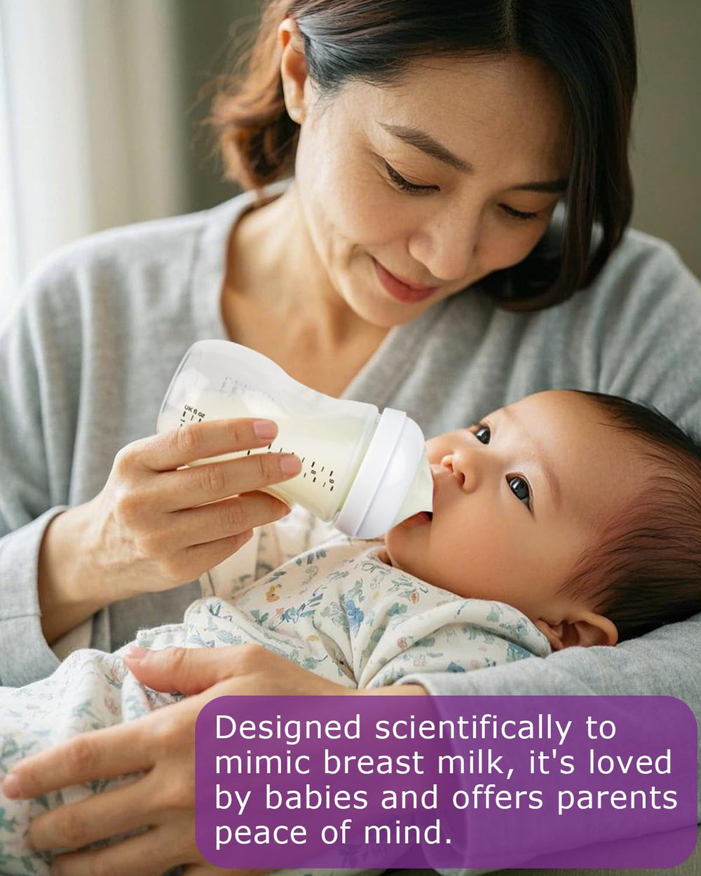 Joyfeed nipple connected to Philips Avent bottle shows compatibility and easy cleaning