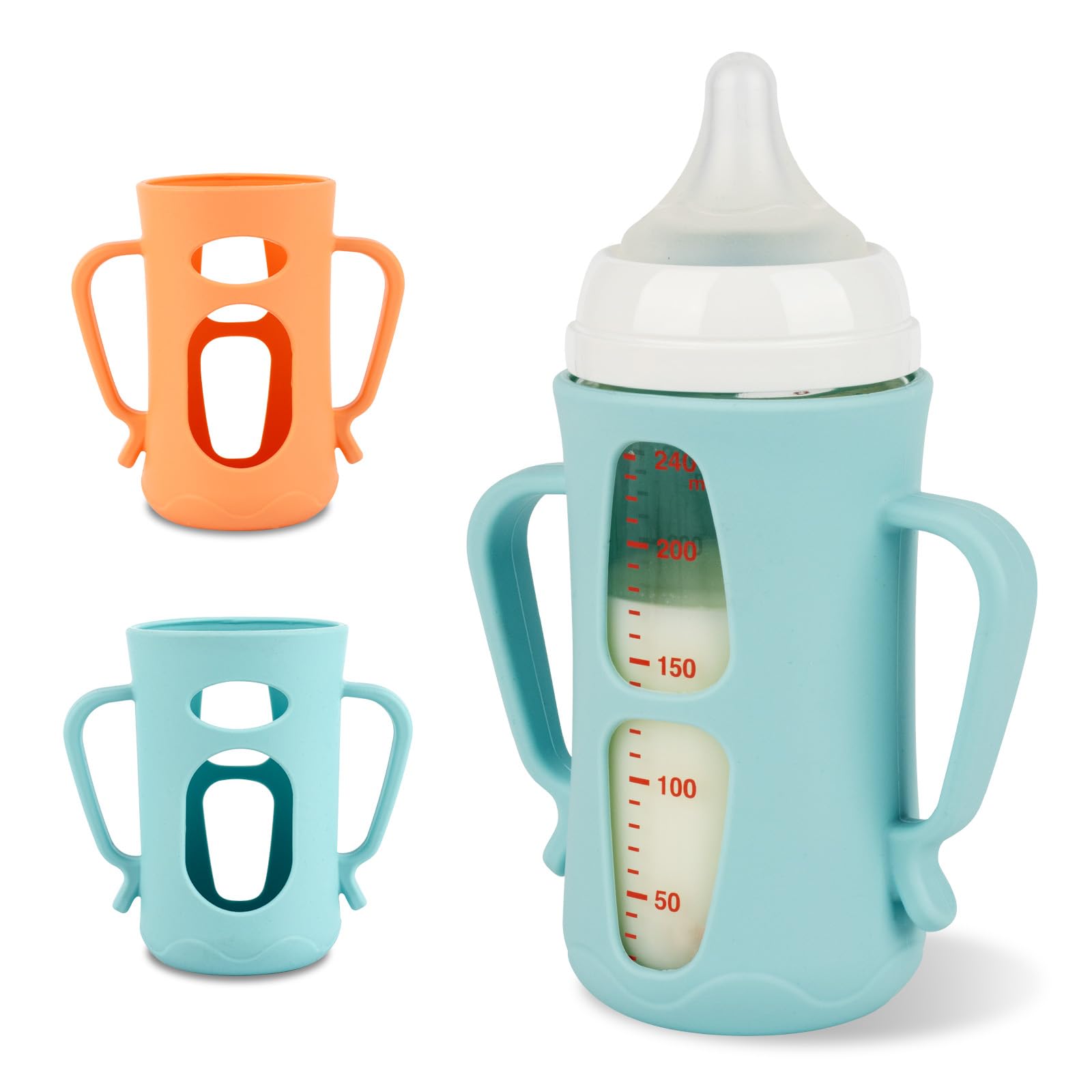 Joyfeed silicone sleeve on Pigeon 8.1 oz bottle provides snug slip-free protection.