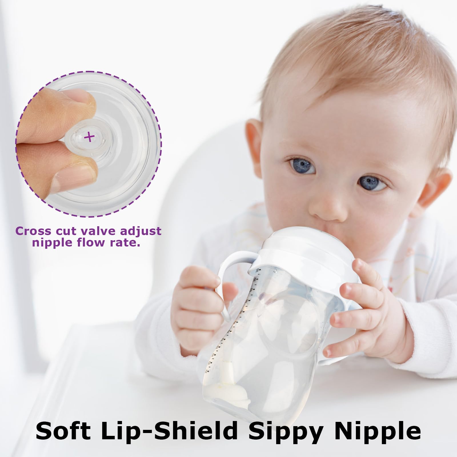 Joyfeed toddler handles promote independent grip during bottle-to-cup transition.