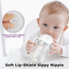 Joyfeed toddler handles promote independent grip during bottle-to-cup transition.