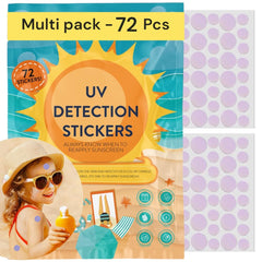 Joyful Artistry UV stickers on the beach detect sunscreen effectiveness.