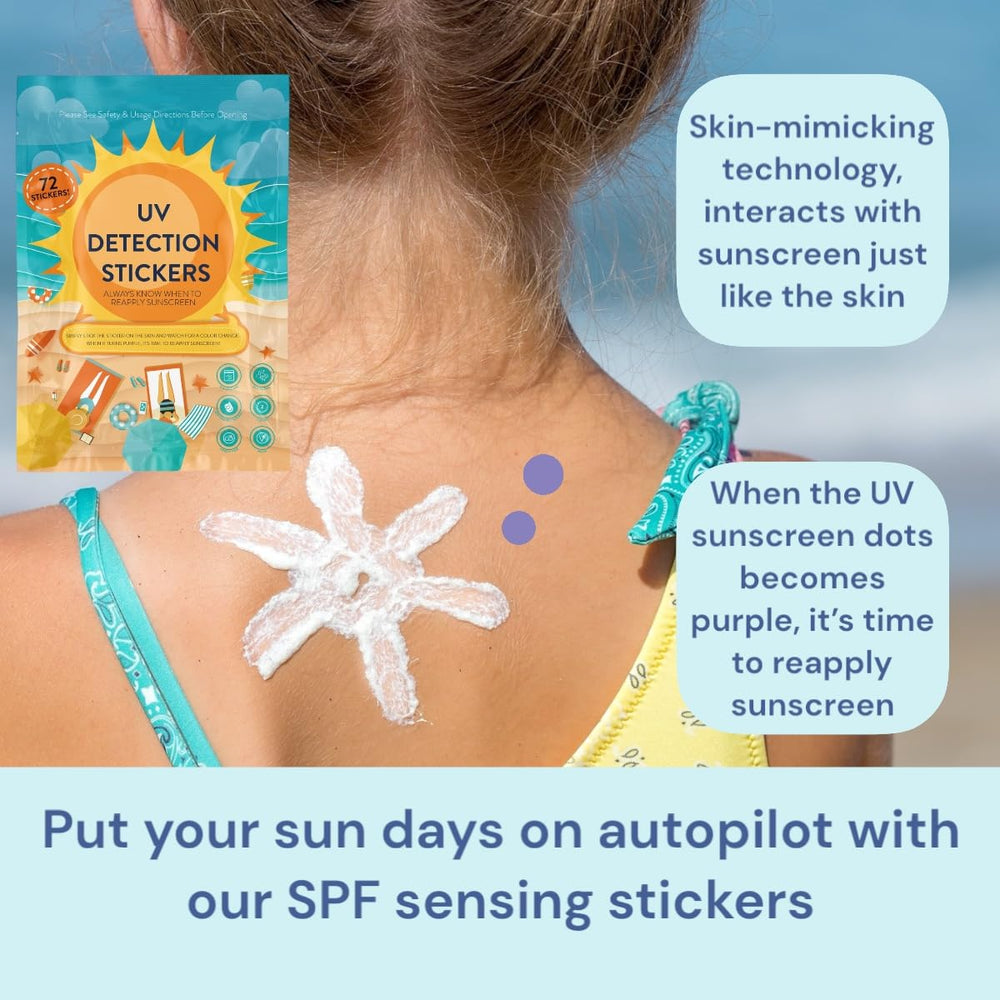 Joyful Artistry UV stickers provide a reliable reapplication cue during active beach fun.