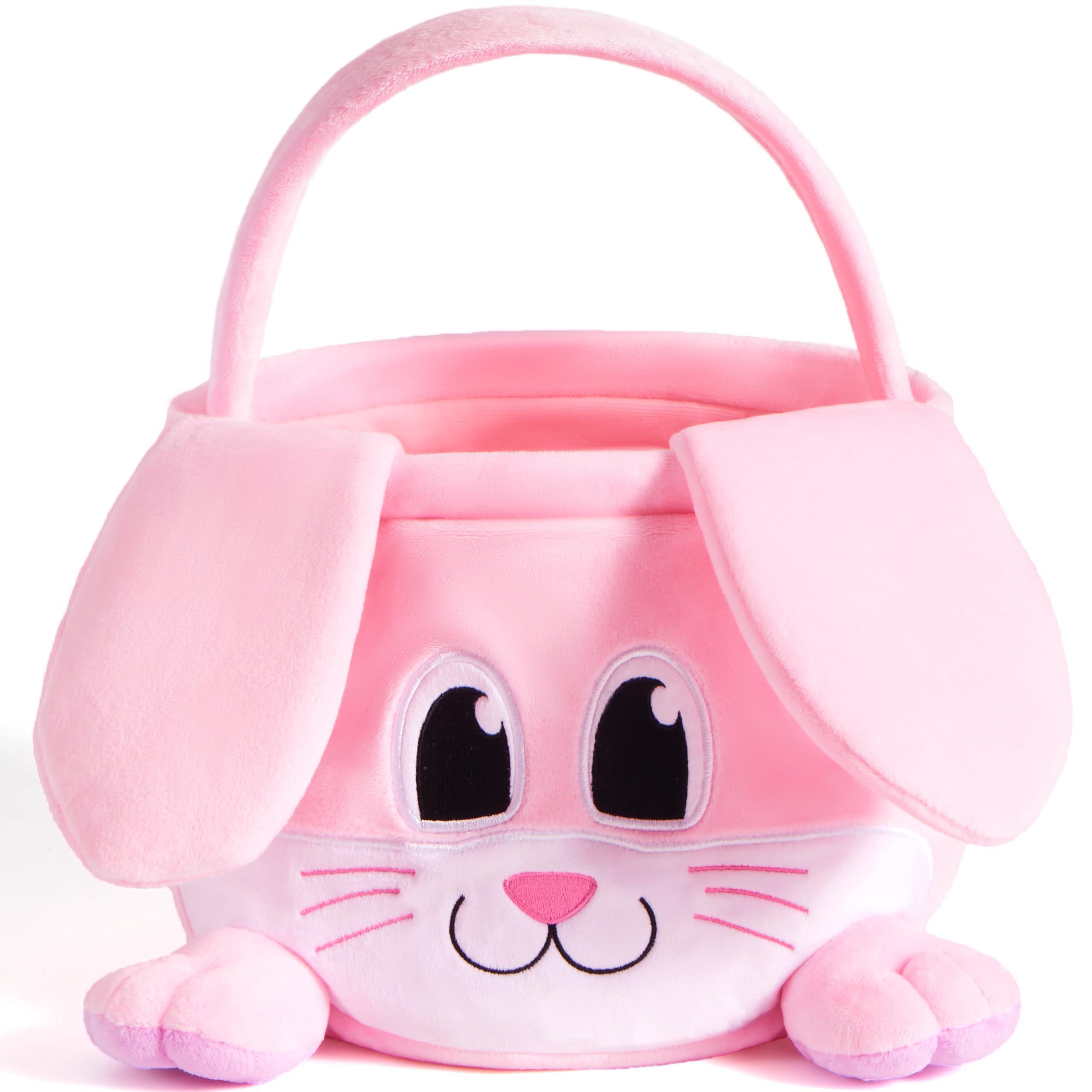 JOYIN Easter pink bunny basket showcases a cheerful design for kids' egg hunts.