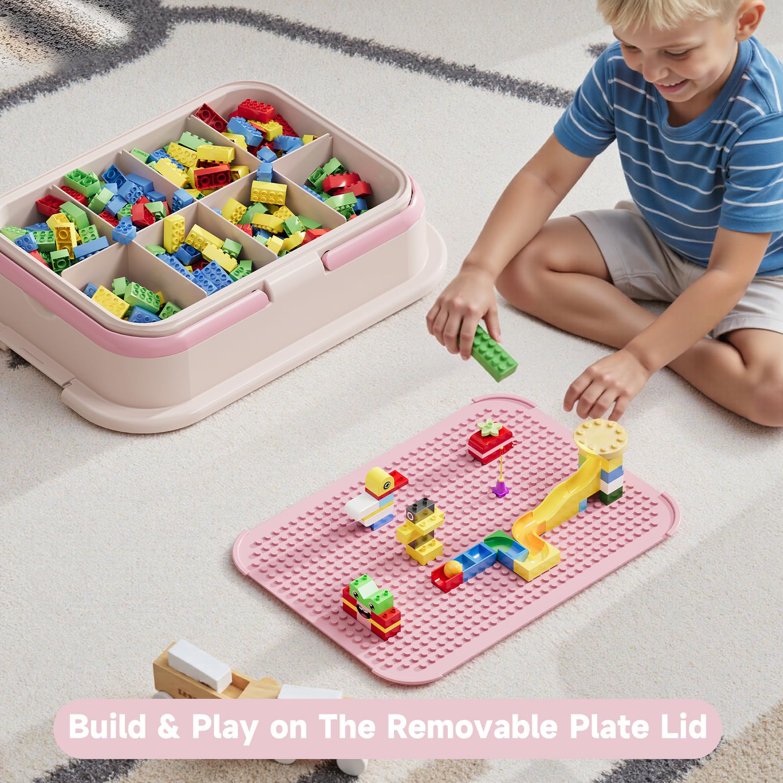 Joyingbaby building plate lid baseplate doubles as a sturdy play surface.
