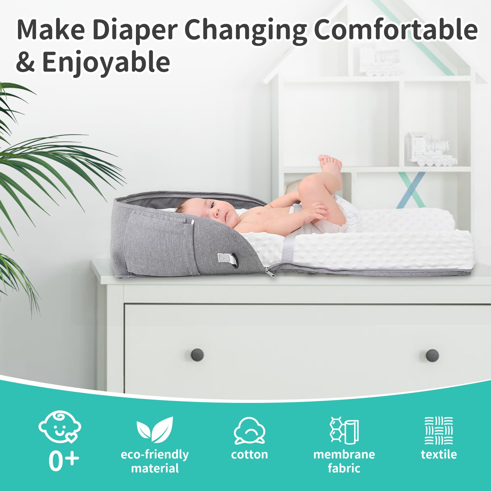 Joyingbaby contoured foam pad provides gentle, secure support during diaper changes.