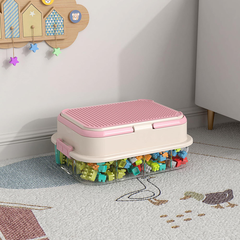 Joyingbaby toy storage box with pink lid and handle, portable brick organizer for playtime.