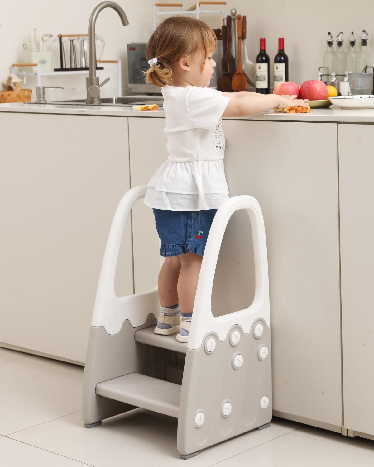Joylico two-step stool with handrails in front view for kid safety
