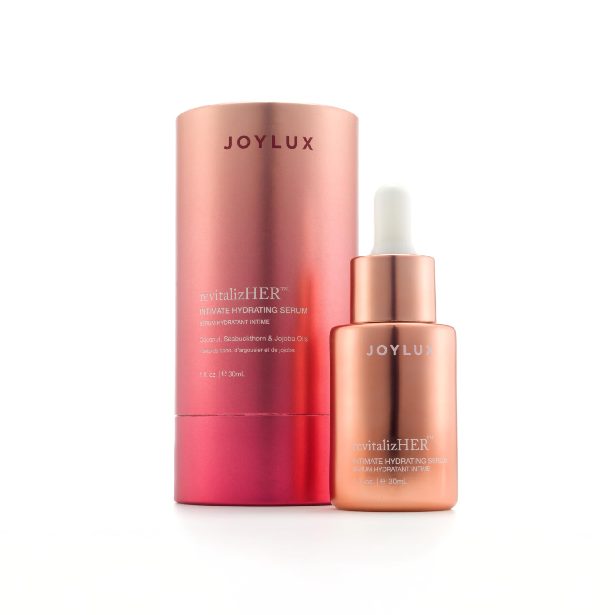 Joylux revitalizHER serum bottle close-up showing hydrating formula for intimate tissue comfort