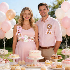 JOYMEMO dad-to-be corsage pin in pink adds a balanced touch.