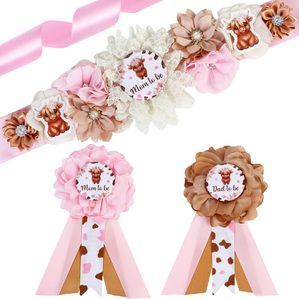 JOYMEMO Highland Cow maternity sash in pink, ideal for baby shower photos.