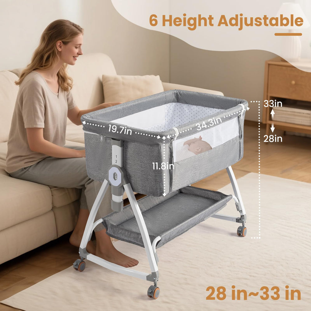 JOYMOR 3-in-1 bassinet shows 6-height adjustment for bed-height matching