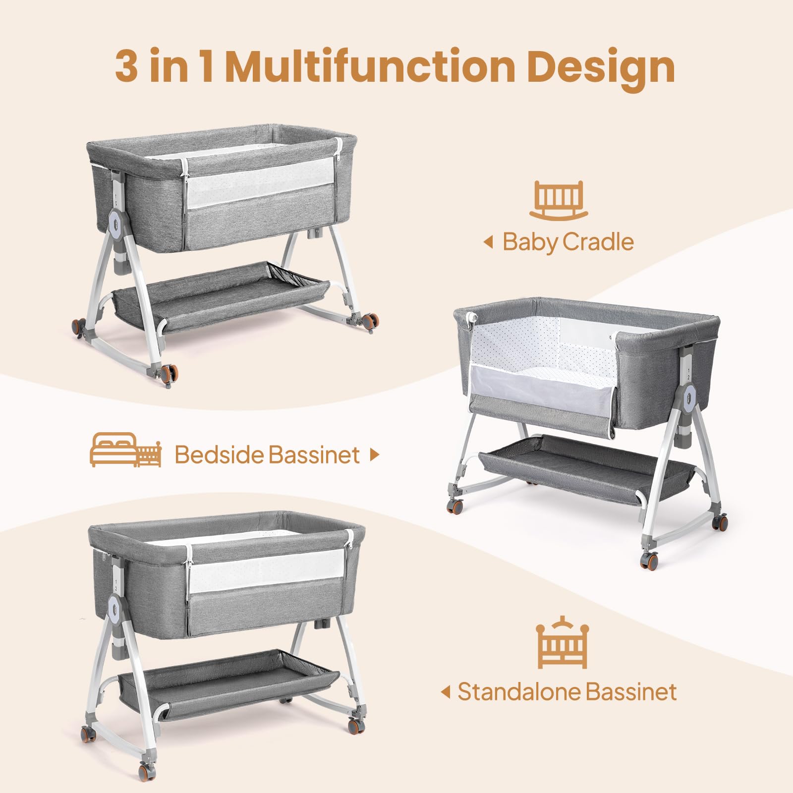 JOYMOR 3-in-1 bassinet bedside attachment enables close nighttime care