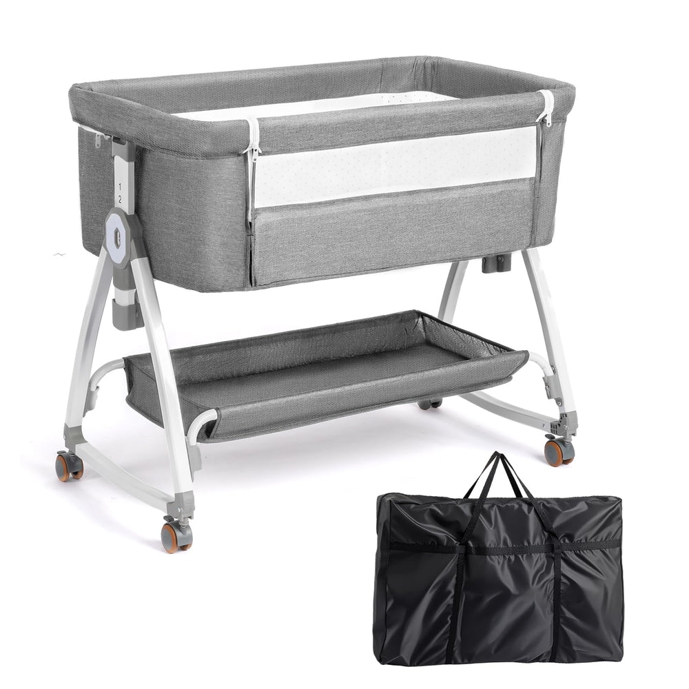 JOYMOR 3-in-1 bassinet side view shows bedside compatibility for easy nighttime care