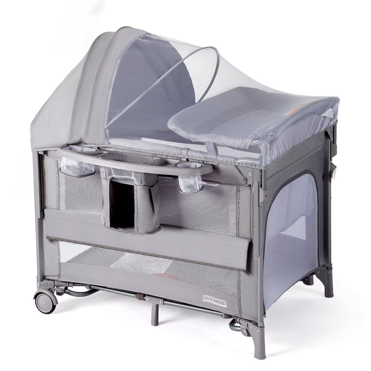 Joymor 9-in-1 bedside bassinet with changing table for quick night diaper changes.