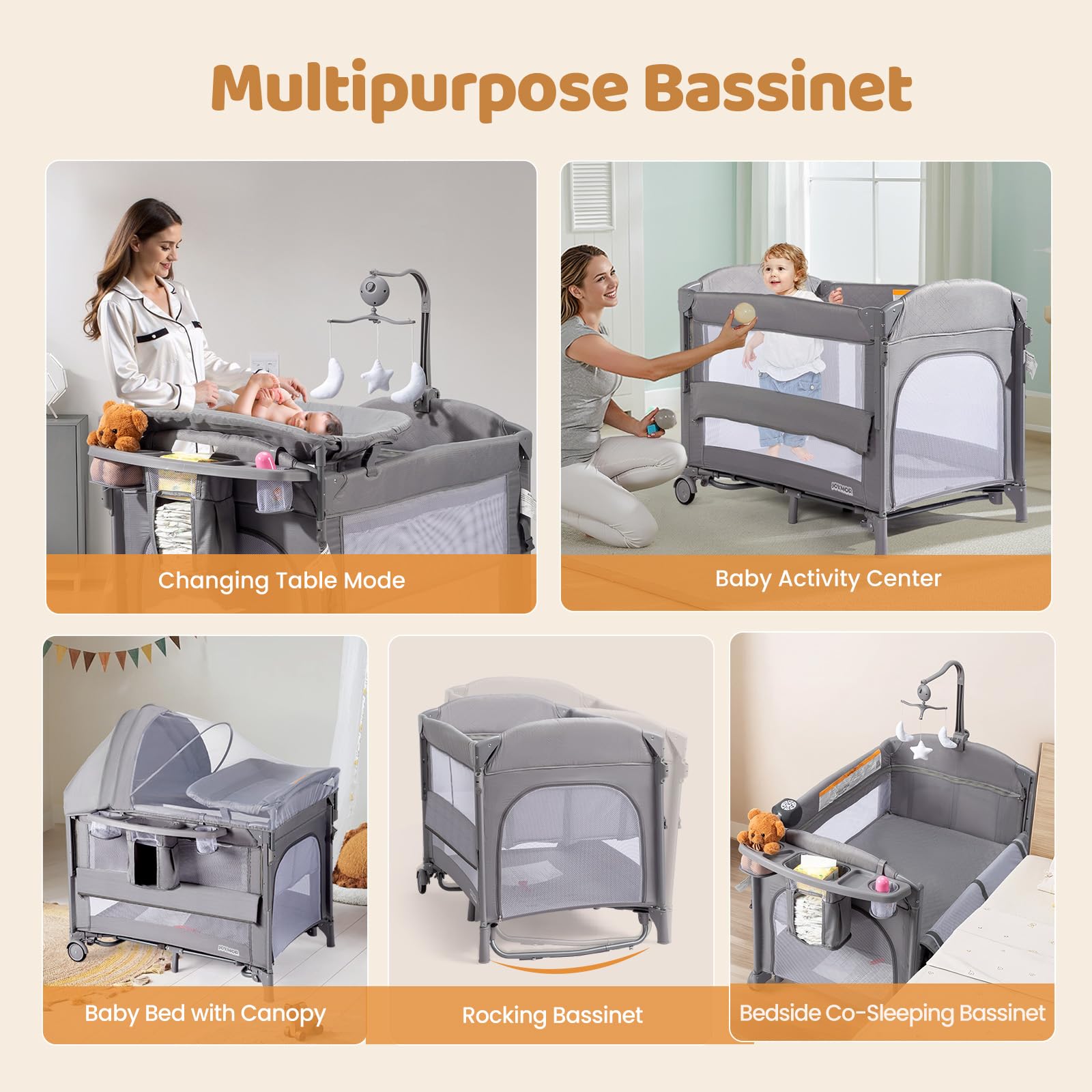 Joymor 9-in-1 bedside bassinet cradle conversion for gentle rocking sessions.