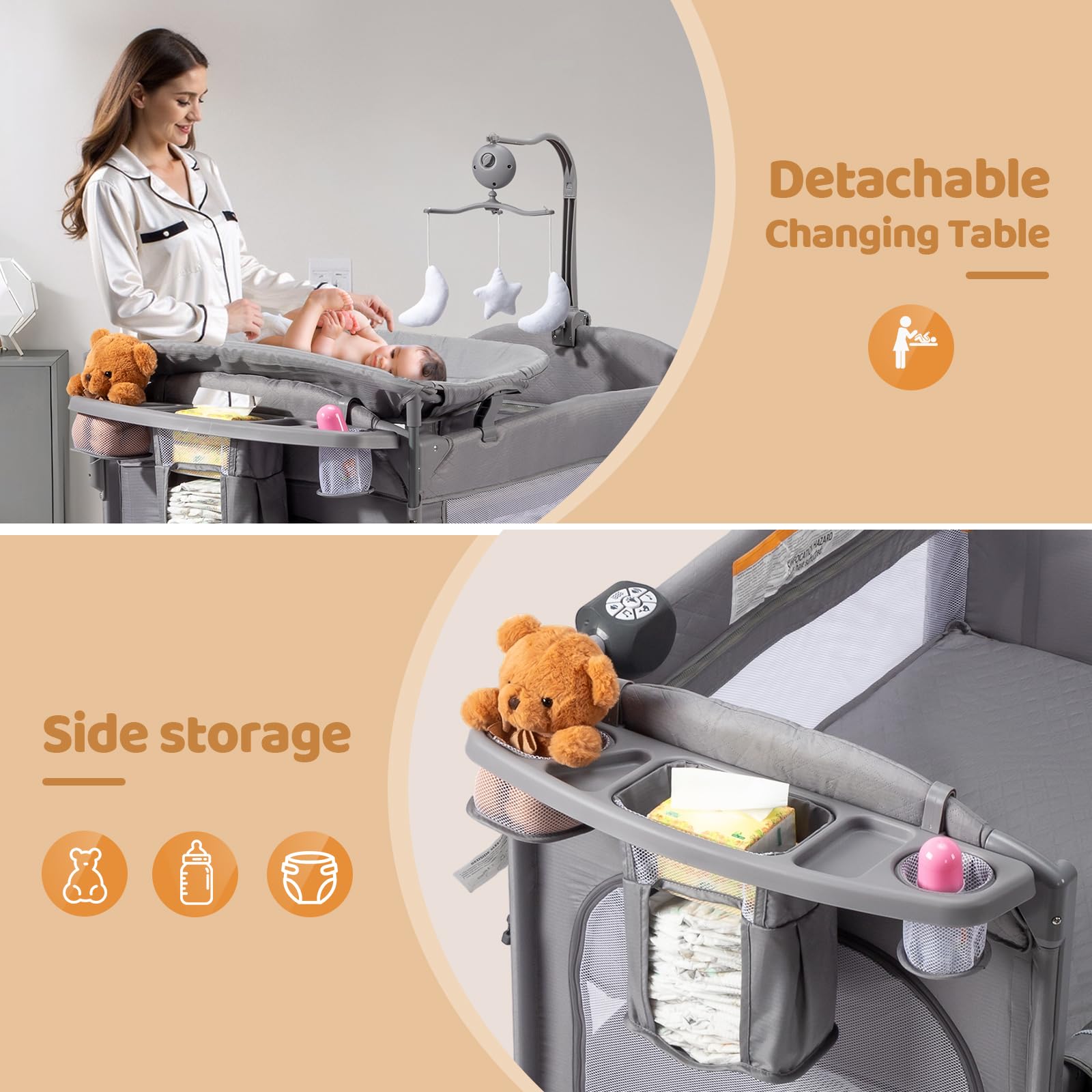 Joymor 9-in-1 bedside bassinet with storage and wheels for easy movement.