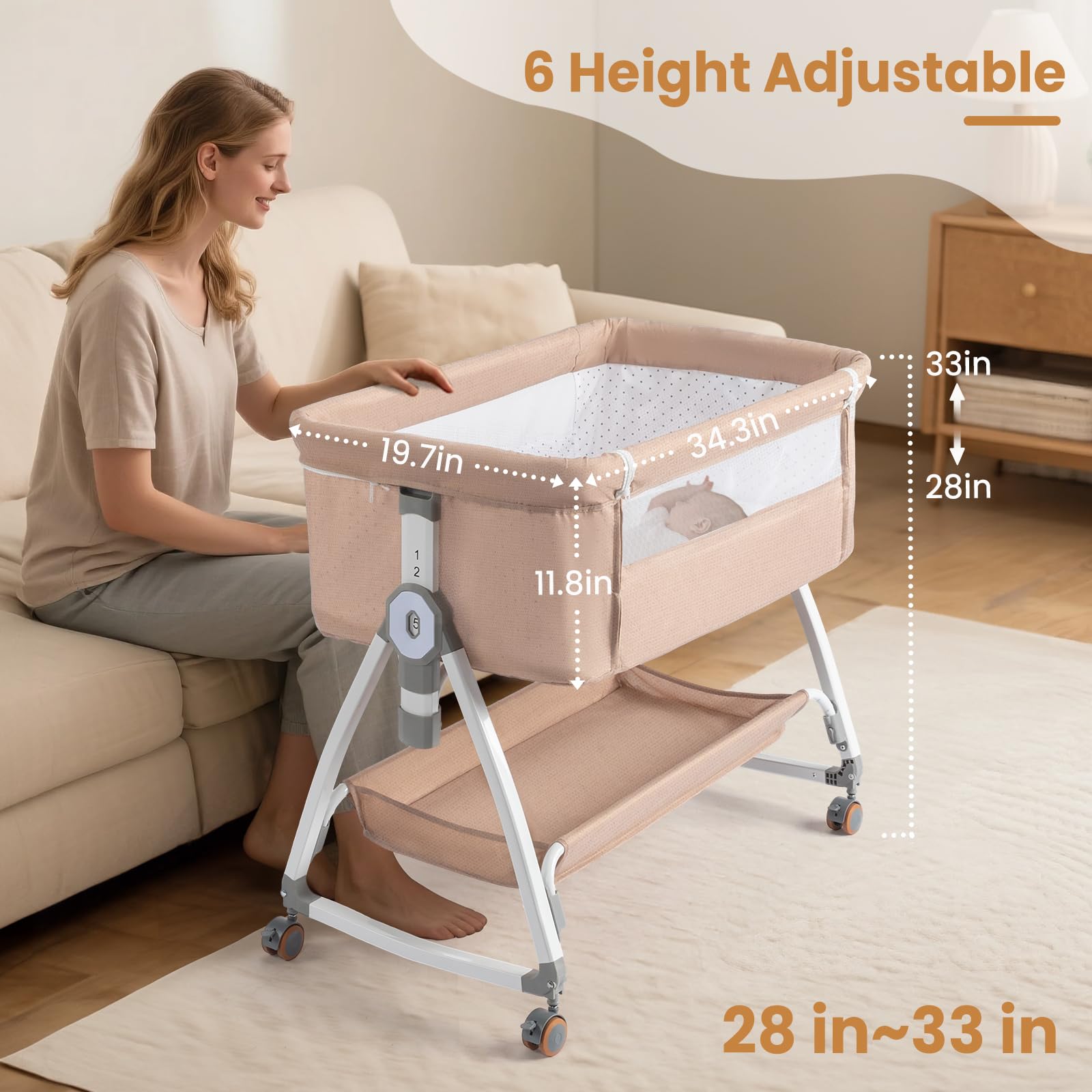 JOYMOR bassinet on wheels for smooth room-to-room movement.
