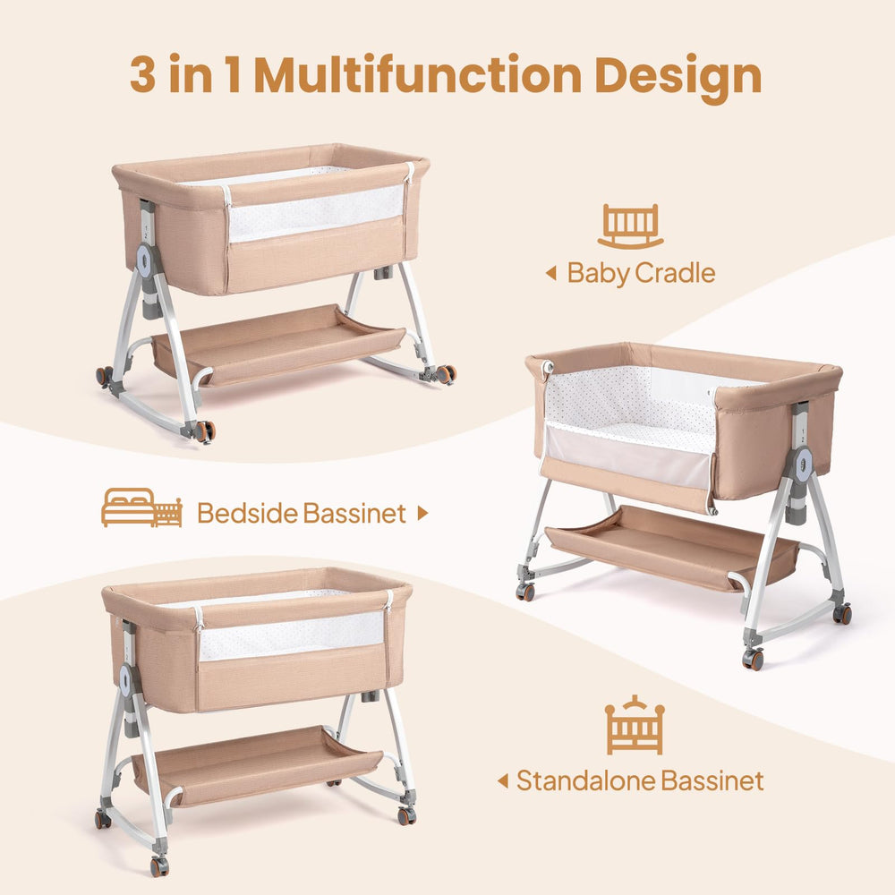 JOYMOR bedside bassinet attachment near the bed for easy nighttime access.