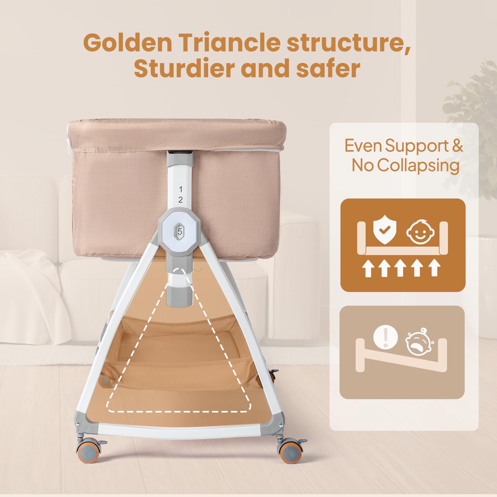 JOYMOR height-adjustable bassinet with 6 levels aligns with bed height.