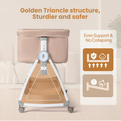 JOYMOR height-adjustable bassinet with 6 levels aligns with bed height.
