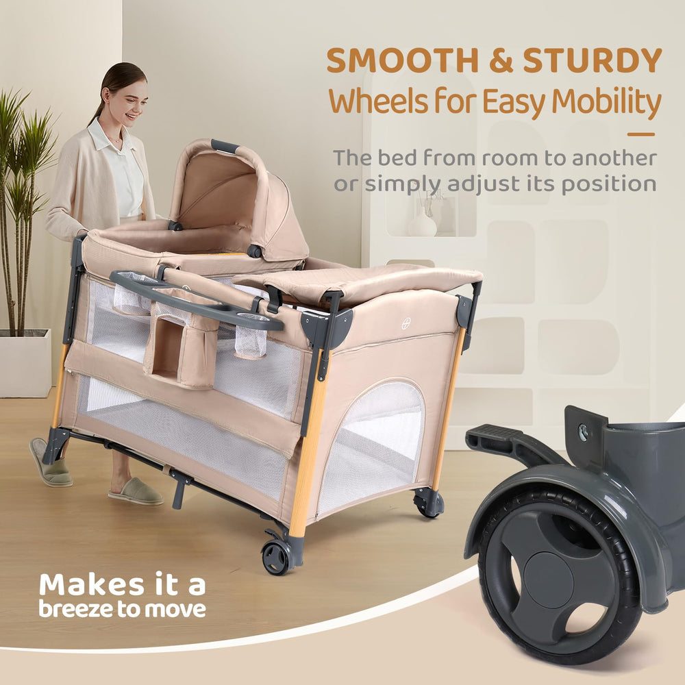 JOYMOR removable Rock-A-Bye bassinet provides a secure sleep space.
