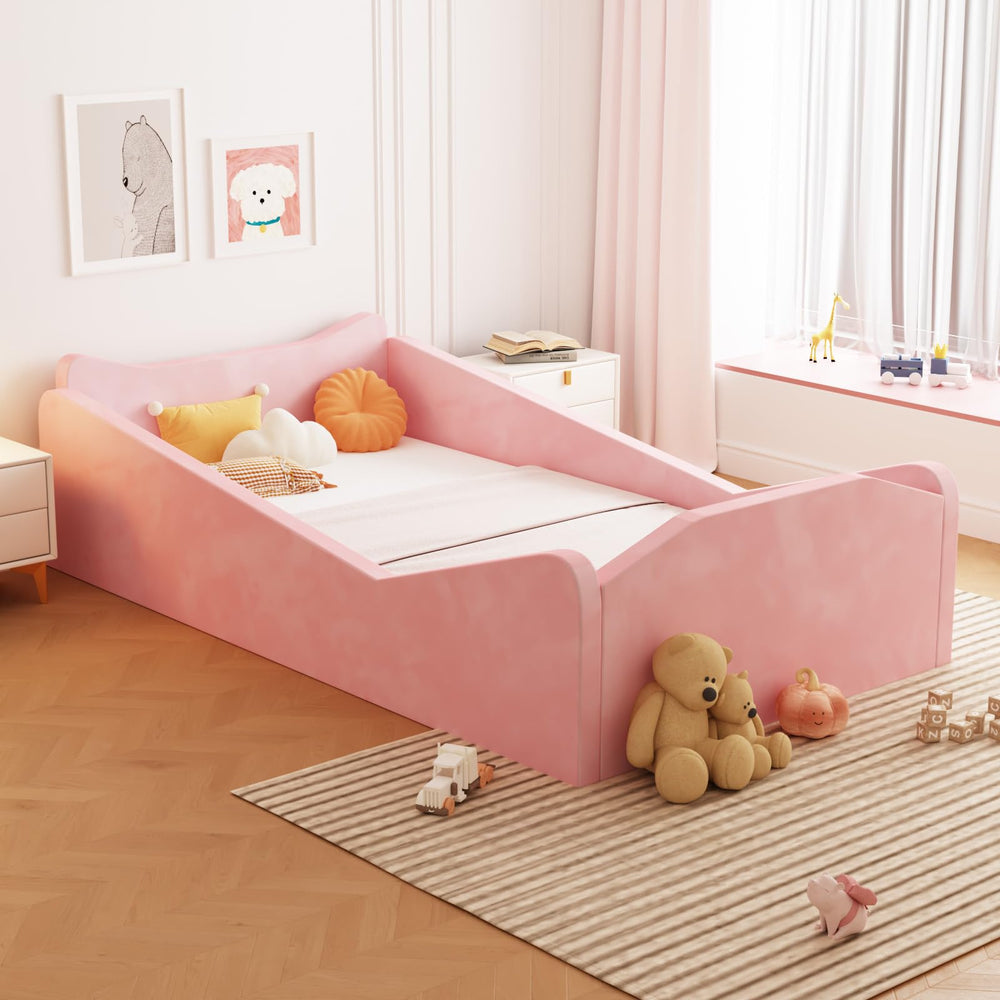 Joymor toddler bed on the floor pink with guardrail for safety