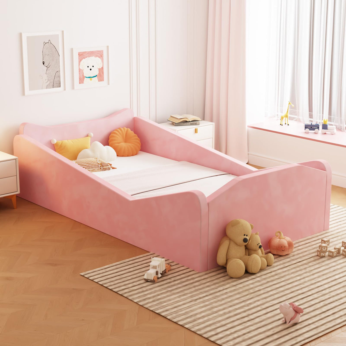 Joymor toddler bed on the floor pink with guardrail for safety