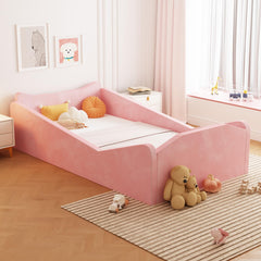 Joymor toddler bed on the floor pink with guardrail for safety