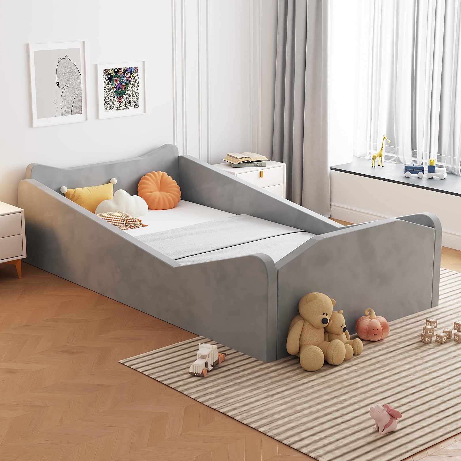JOYMOR toddler bed with floor design and guardrail for safe, independent sleep