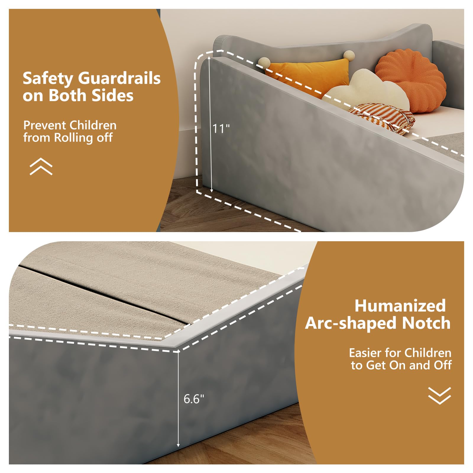 Close-up of guardrails on JOYMOR bed showing secure, low-to-ground safety
