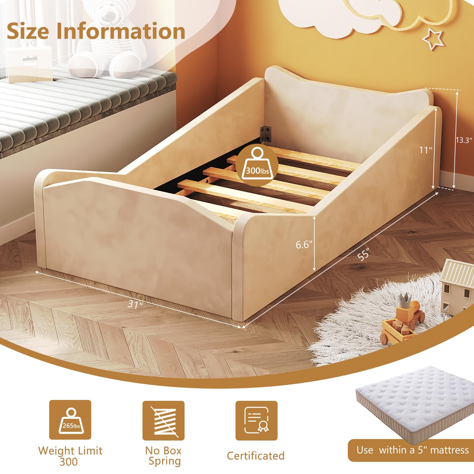 JOYMOR bed fits a 52 by 28 inch mattress up to 5 inches thick