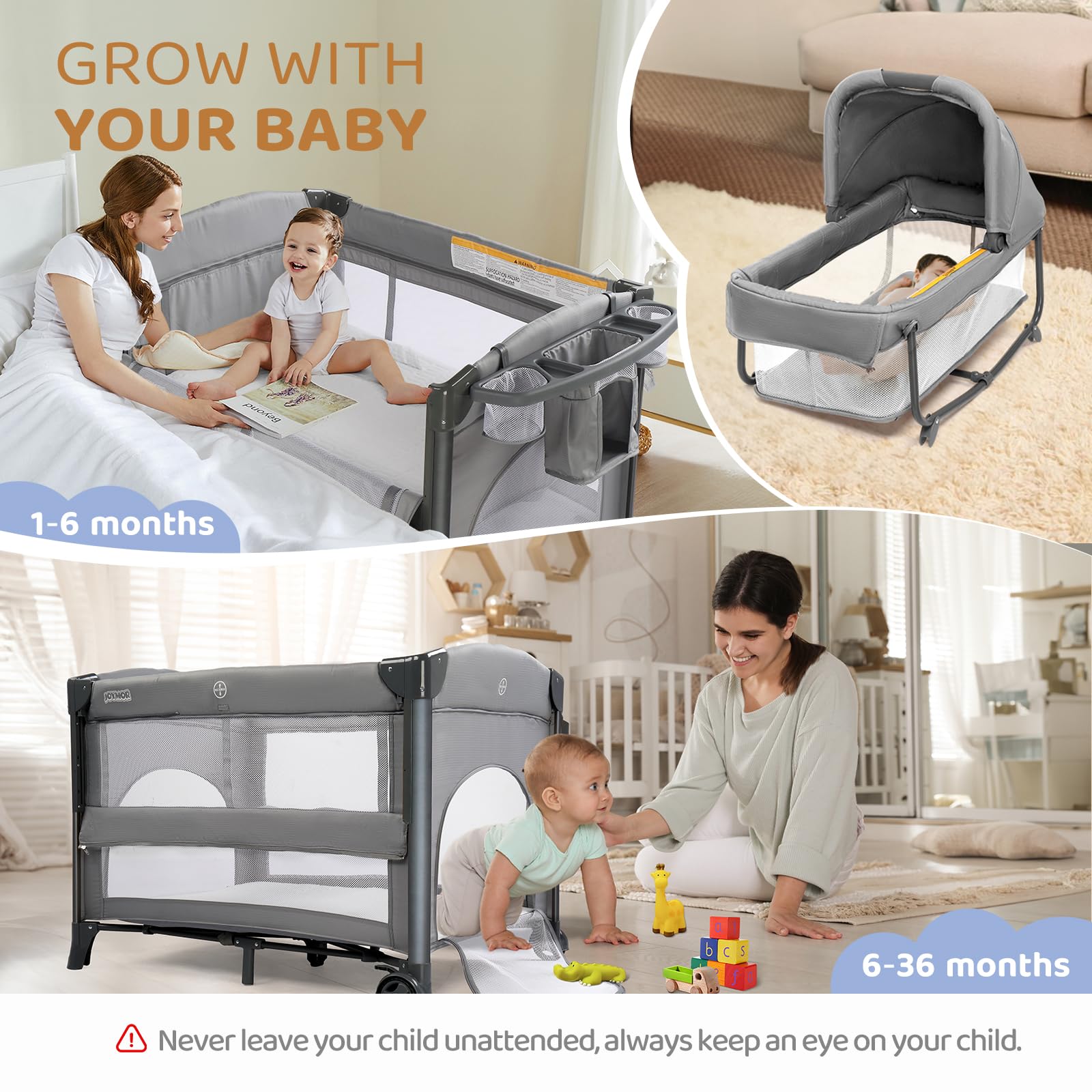 JOYMOR Twin Bassinet with breathable mesh sides for visibility and airflow.