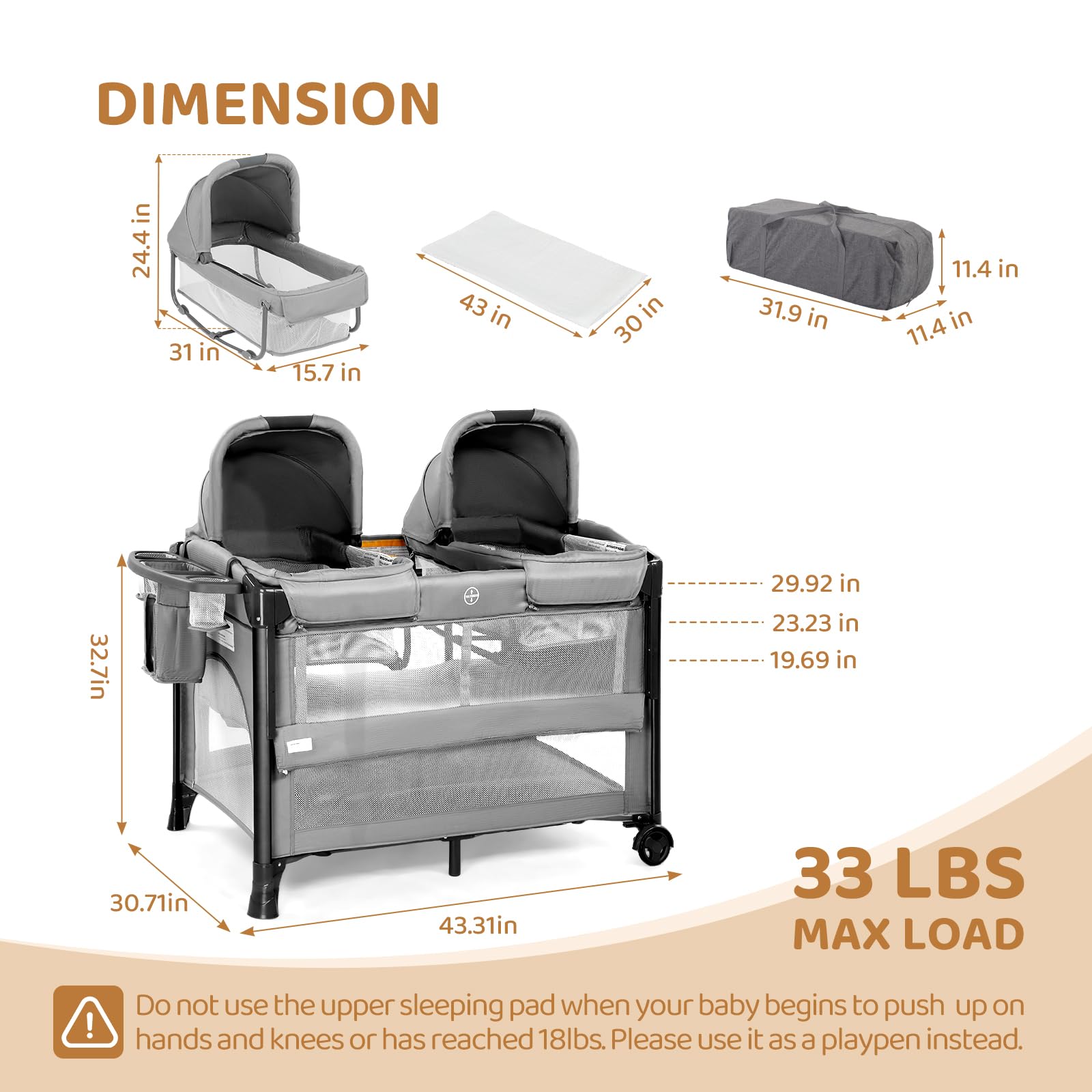 JOYMOR Twin Bassinet designed for indoor and outdoor use with portability.
