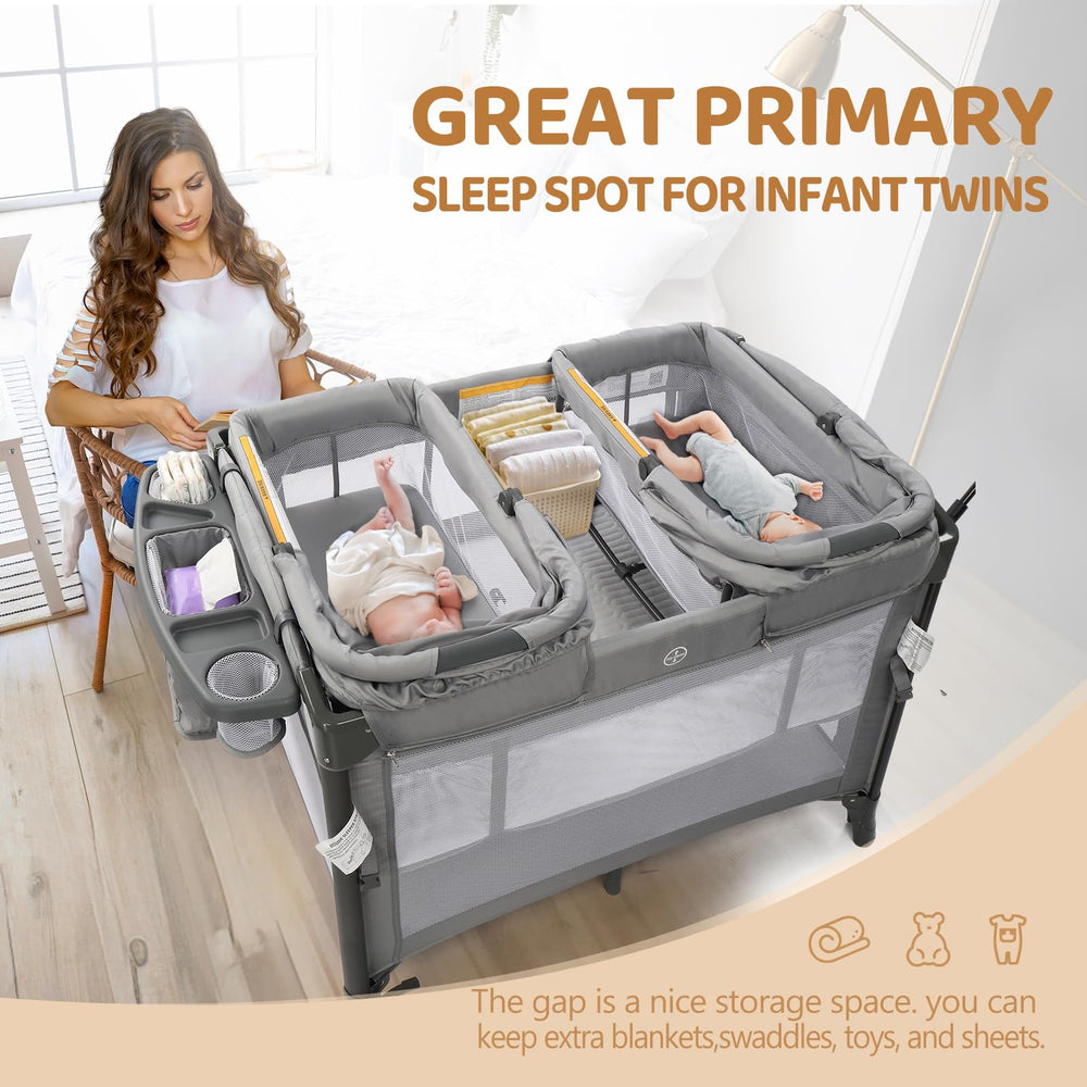JOYMOR Twin Bassinet with ample storage for diapers and wipes within reach.
