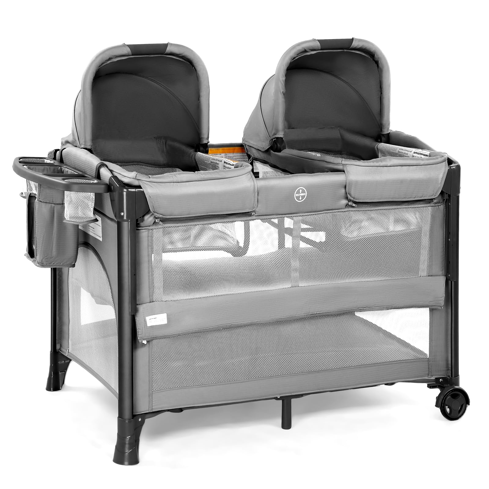 JOYMOR Twin Bassinet with wheel and brake for smooth mobility and secure stops.