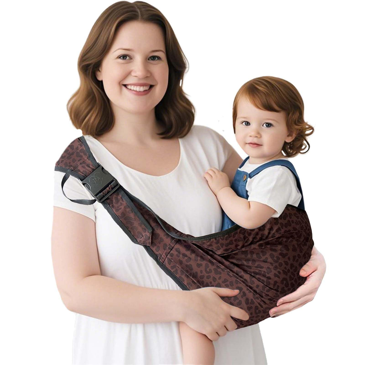 Joyncleon deep leopard sling, front view showing ergonomic support for baby.