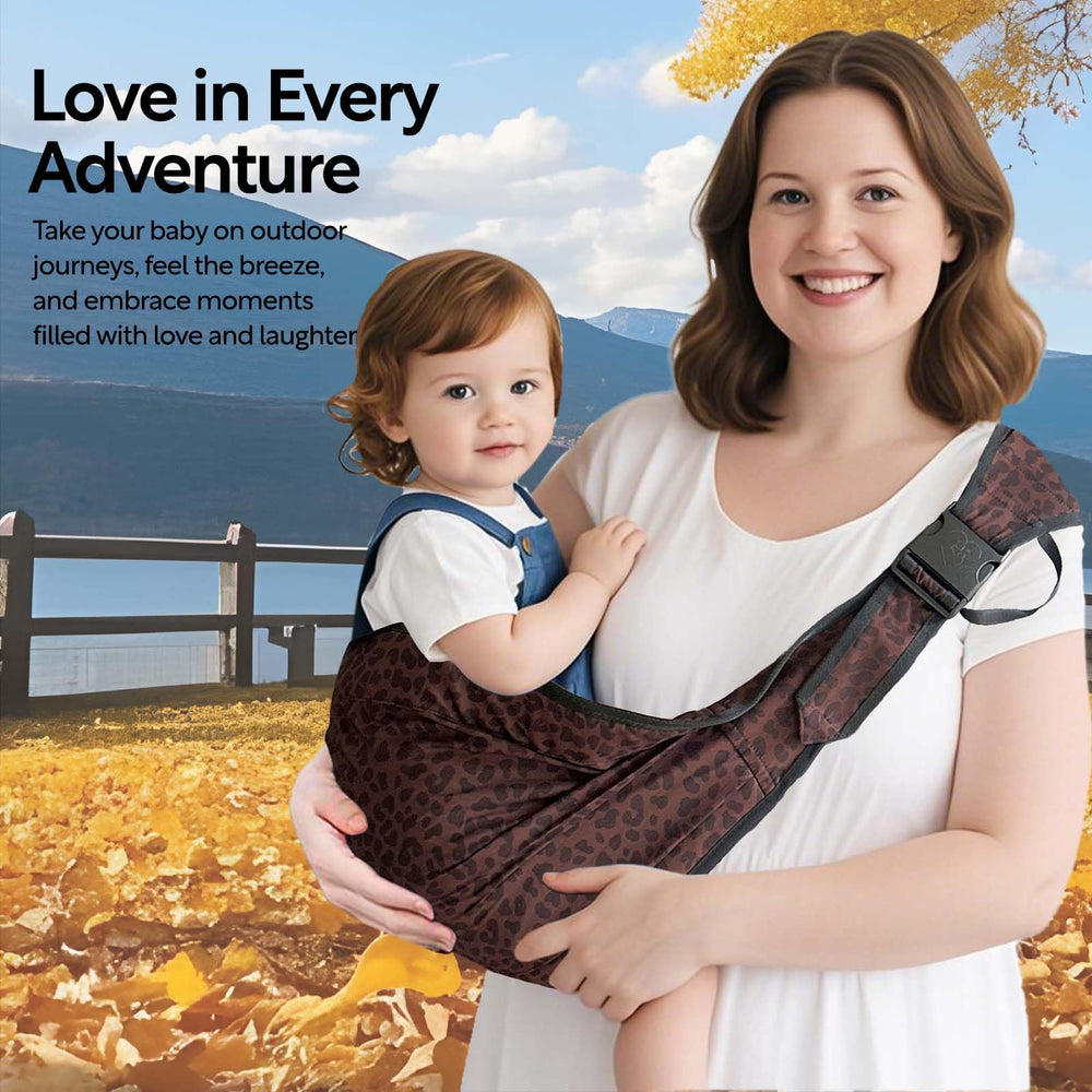 Joyncleon deep leopard sling demonstrates a hip-friendly seating position.