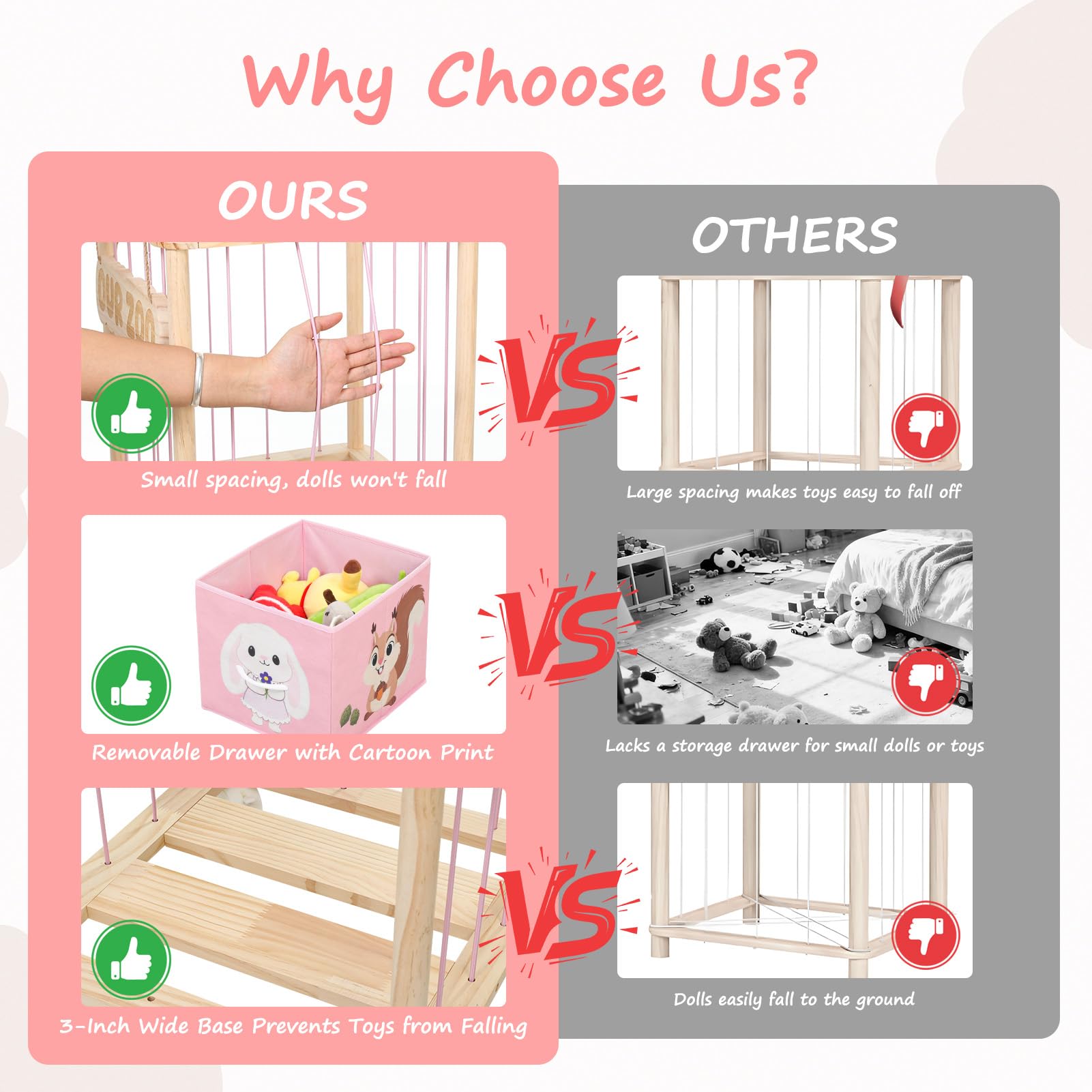 JoyPcsTable open-front display makes stuffed animals visible for independent play.