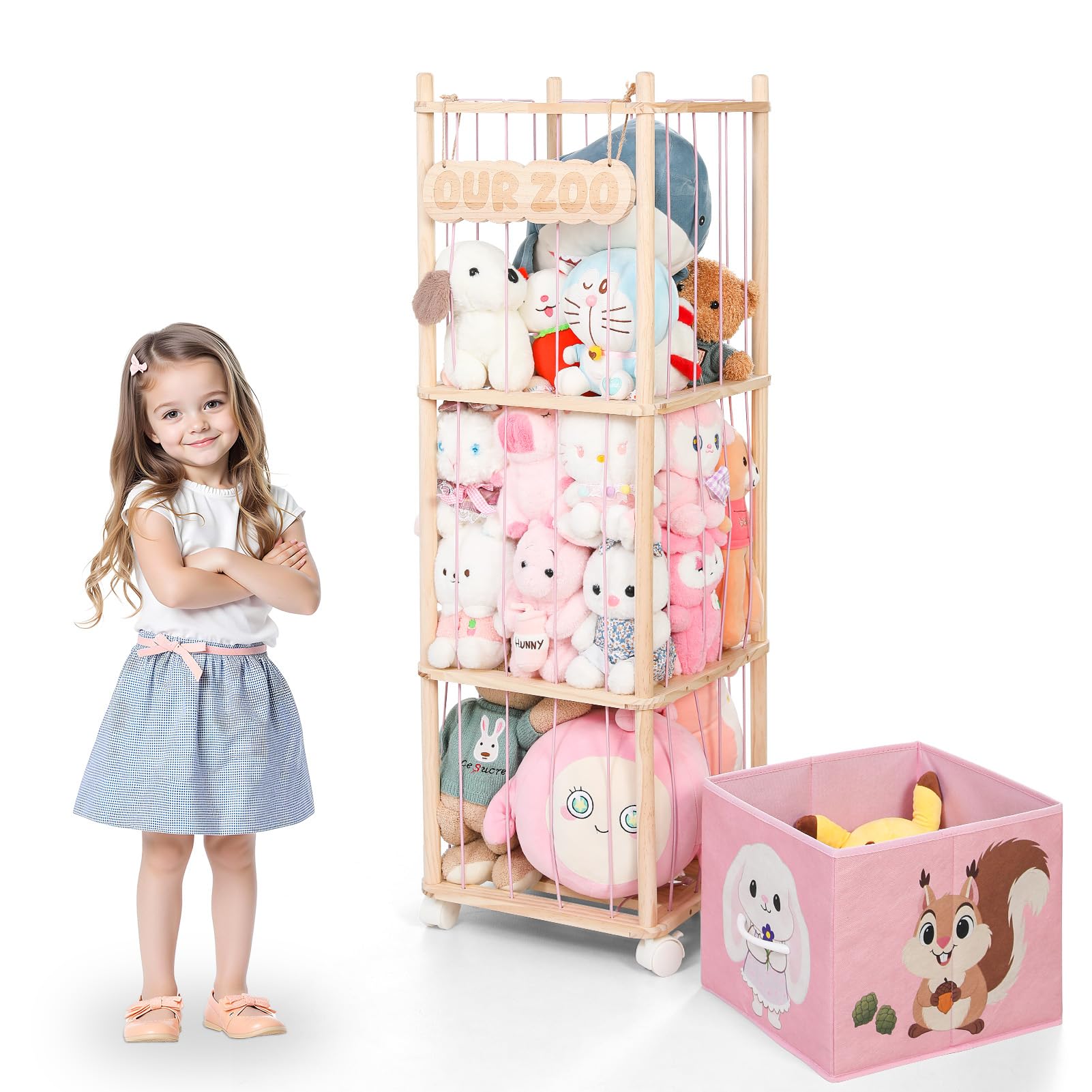 JoyPcsTable storage tower with removable bin keeps plush toys organized and accessible.