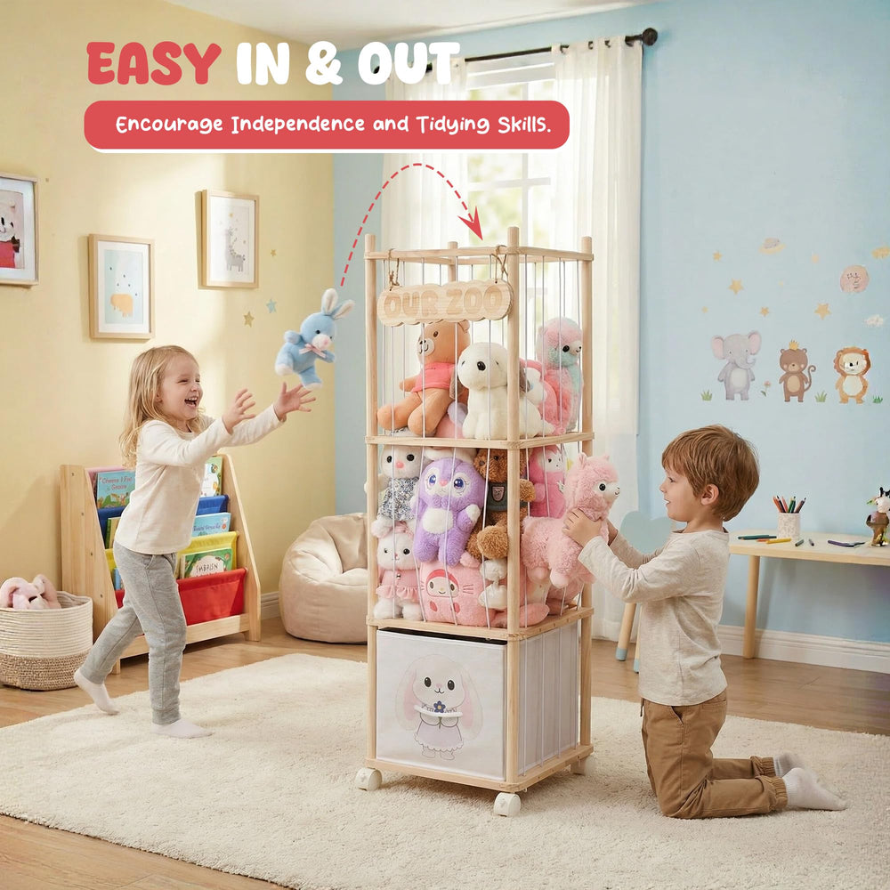 JoyPcsTable vertical storage tower saving floor space in small rooms.