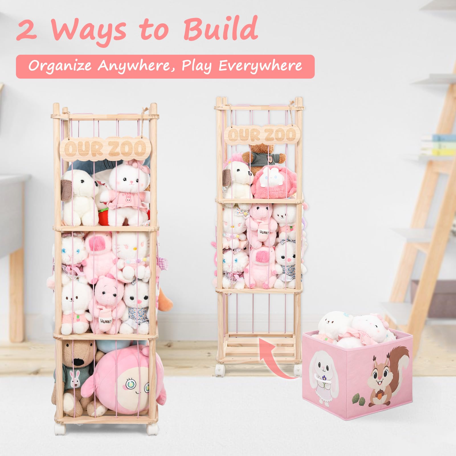 JoyPcsTable wooden toy organizer on wheels enables quick room-to-room repositioning.