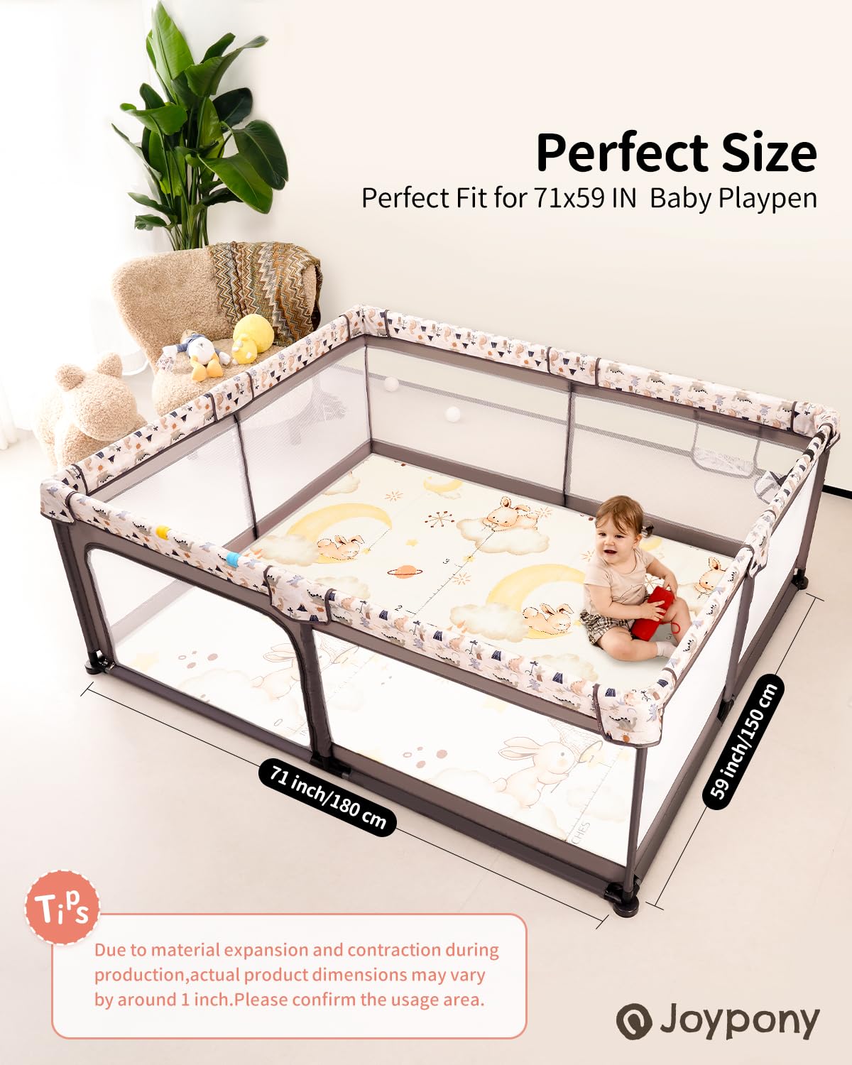 Joypony cushioned surface offers soft protection on hard floors during play.
