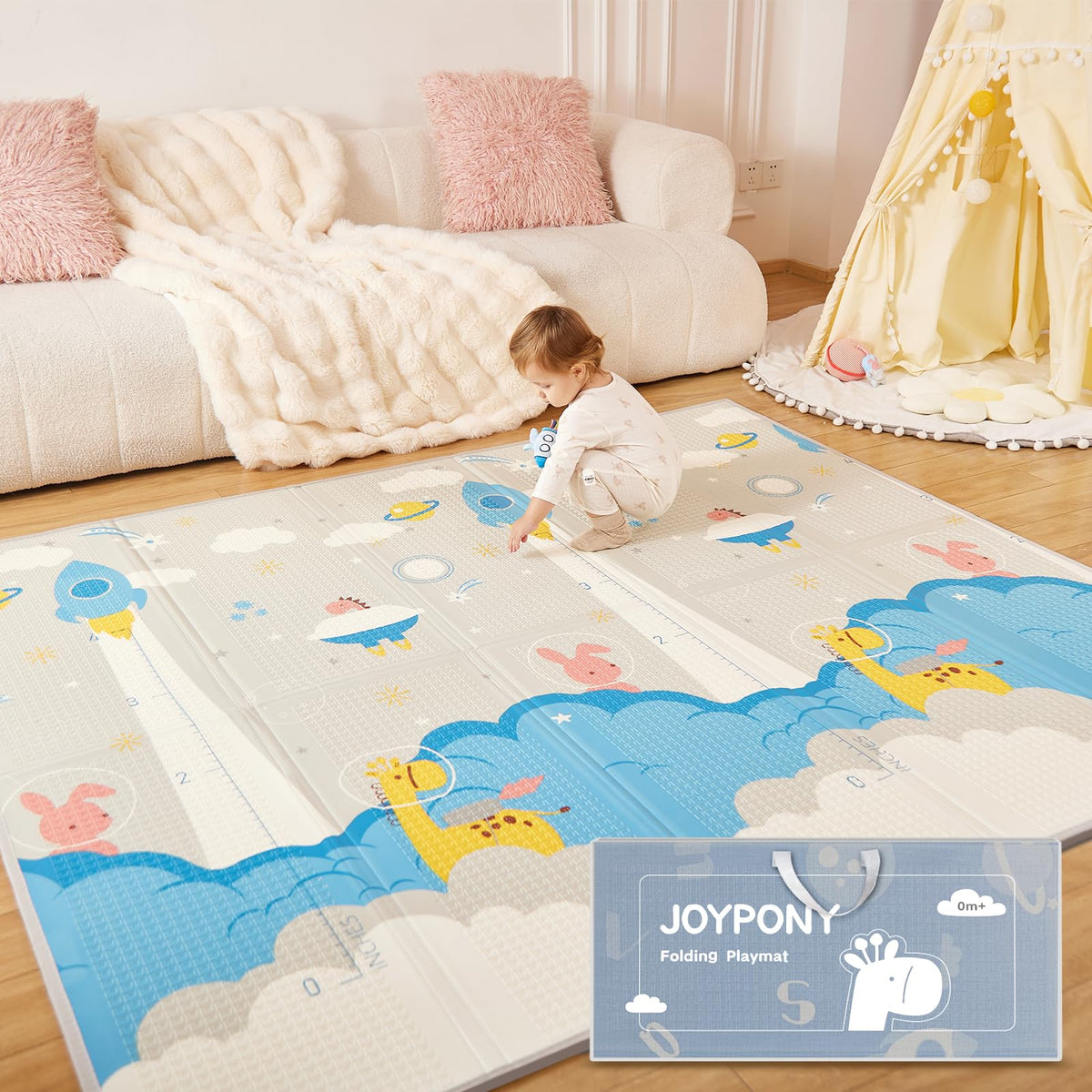Joypony baby play mat folded with travel bag for easy storage and portability