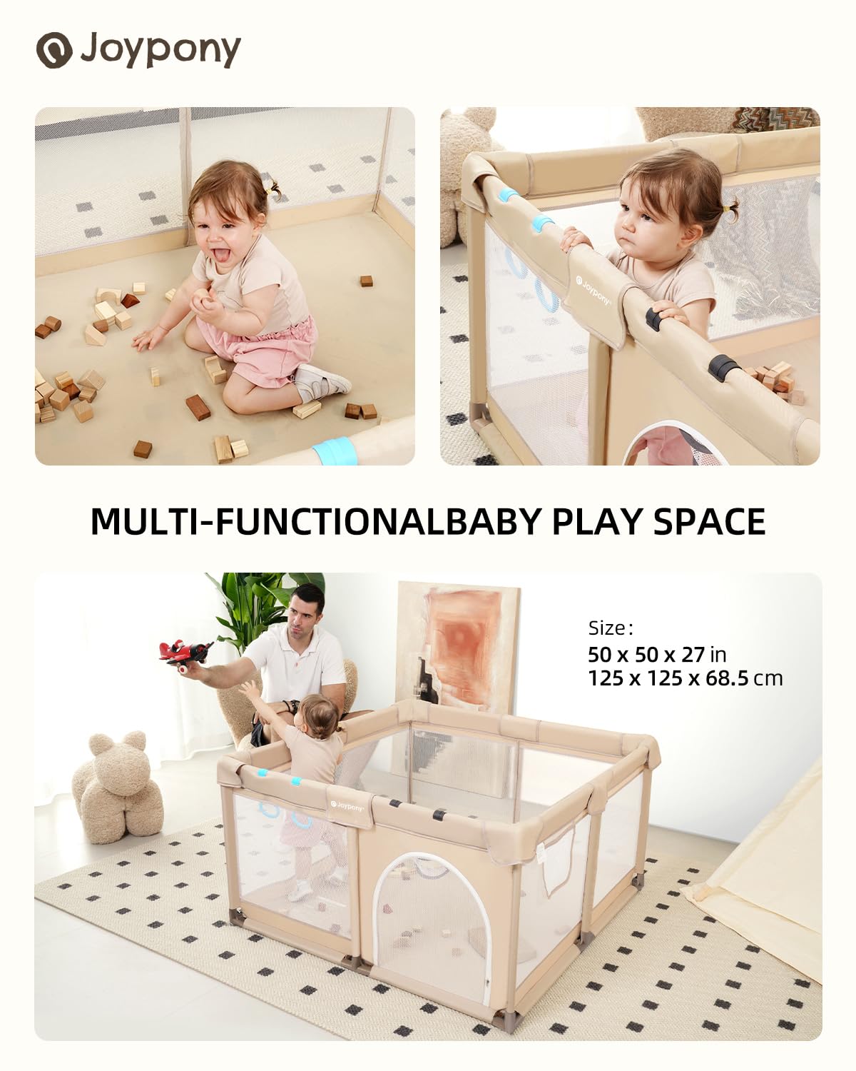 Joypony baby playpen anti-slip suction cups stabilize on smooth floors.